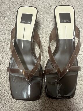 Dolce Vita Brown Patent Square-Toe Slide Sandals